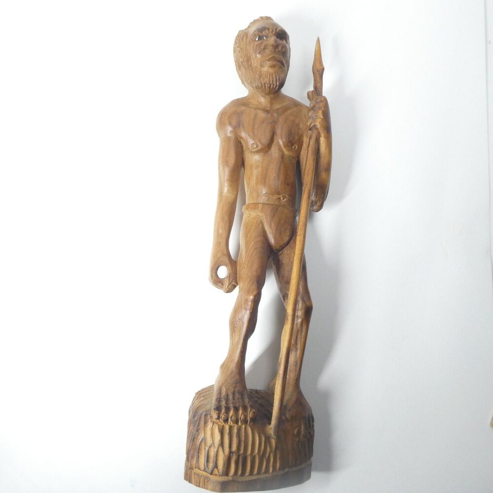 Carved Wooden Statue Hunter Warrior Man w/ Spear 17" Tall Vintage Tribal